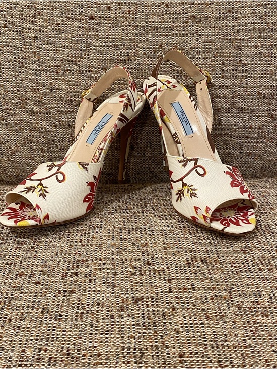 Prada Shoes - Prada Cream Floral Slingback Heels with Red & Yellow Accents